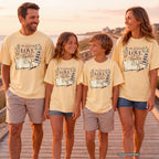 Planned With Love Lived Together Youth Tee – Kids' Comfort Colors Family Travel Shirt in Butter – worn on a family trip (AI-generated model photo)