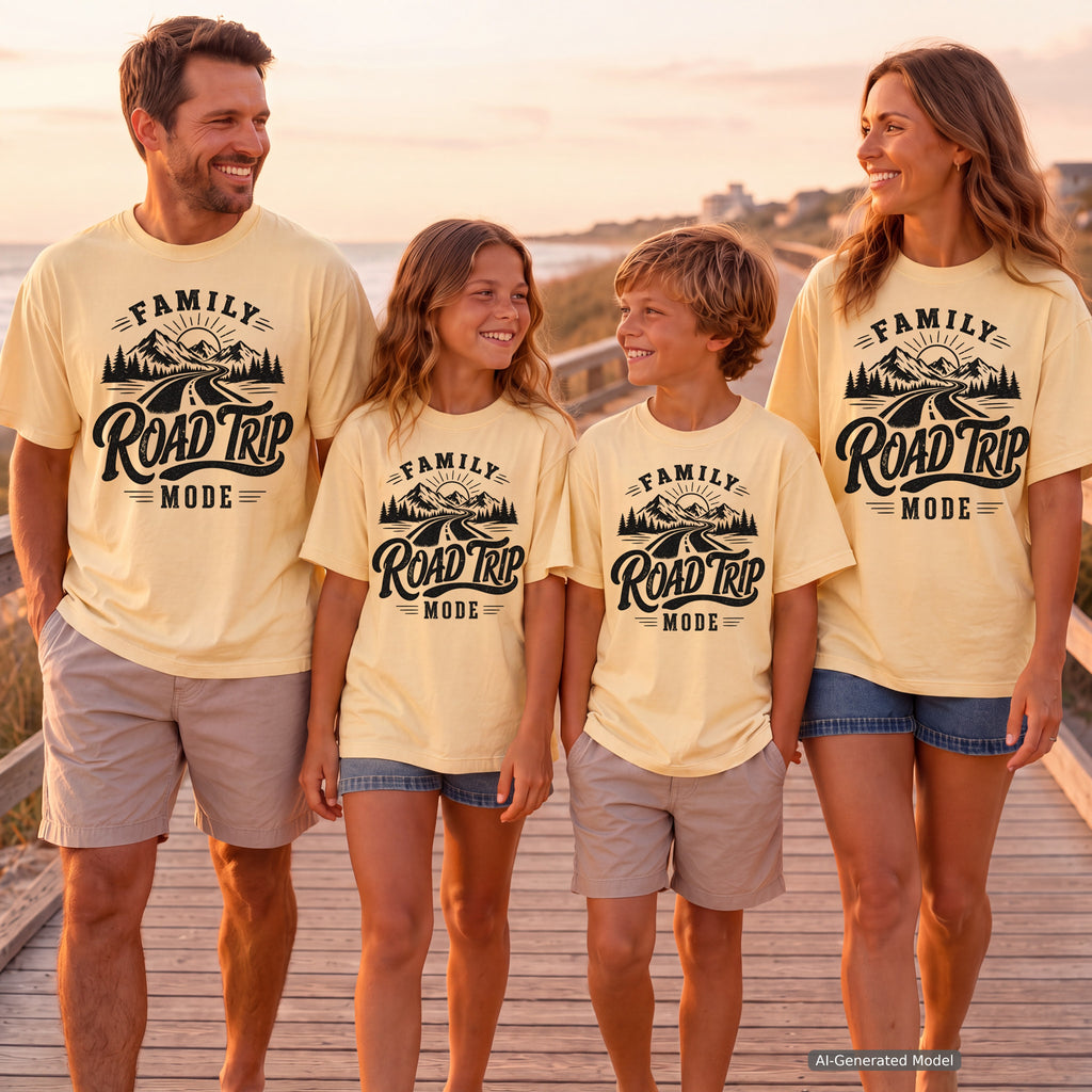 Family Road Trip Mode Shirt in Butter – worn on a family trip (AI-generated model photo)