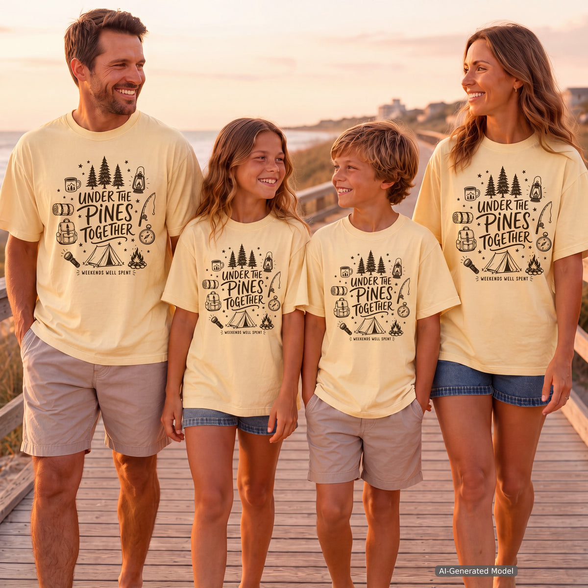 Under the Pines Together Youth Tee – Kids' Comfort Colors Camping Shirt in Butter – worn on a family trip (AI-generated model photo)