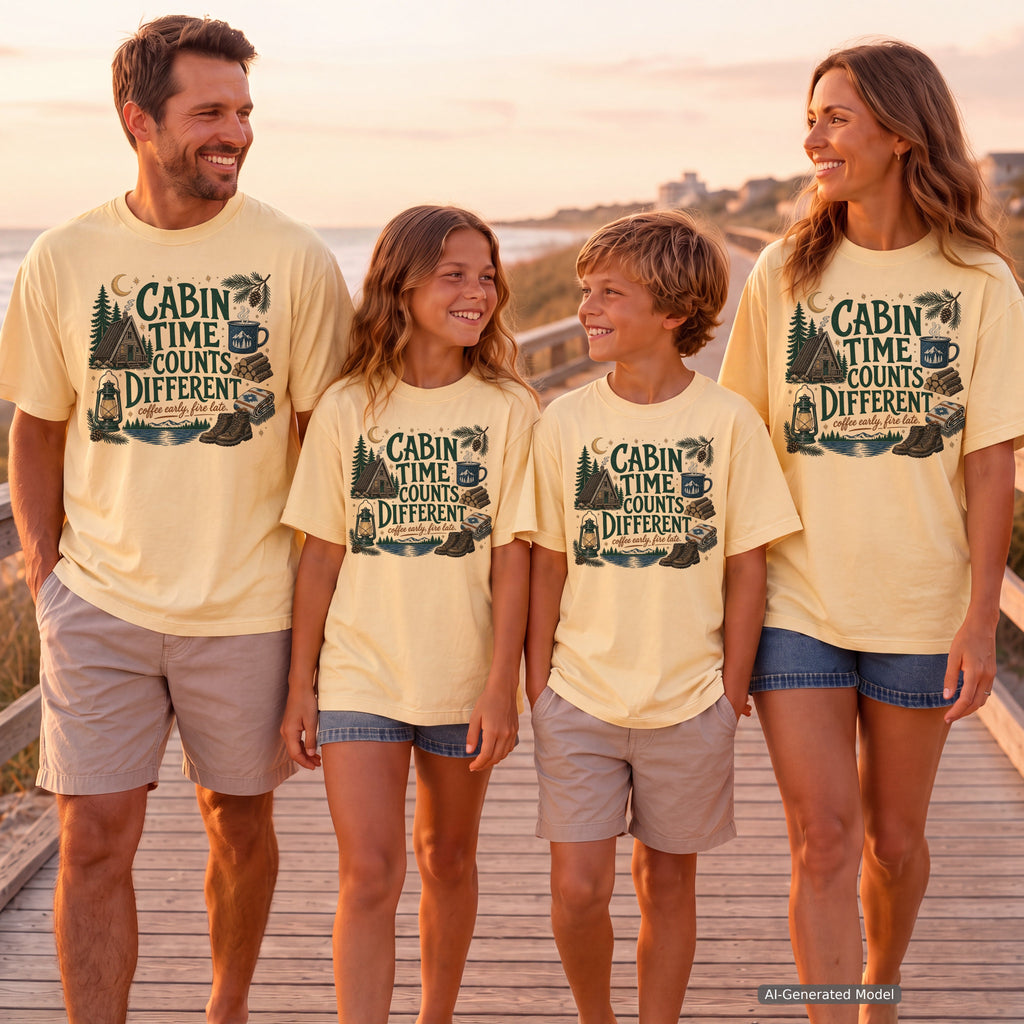 Cabin Time Counts Different Youth Tee – Kids' Comfort Colors Cabin Weekend Shirt in Butter – worn on a family trip (AI-generated model photo)
