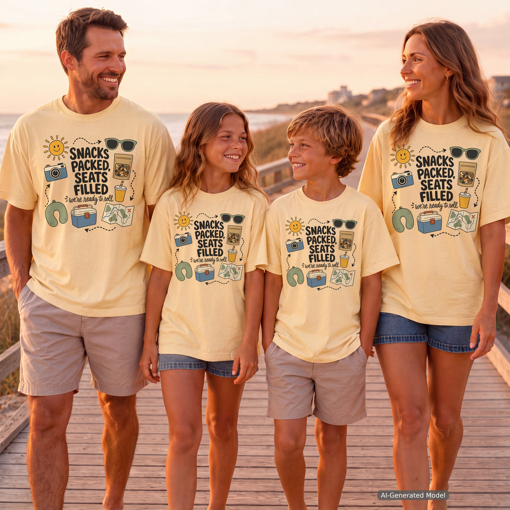 Snacks Packed Seats Filled Road Trip Shirt in Butter – worn on a family trip (AI-generated model photo)