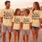 No Plans Past the Porch Youth Tee – Kids' Comfort Colors Cabin Weekend Shirt in Butter – worn on a family trip (AI-generated model photo)
