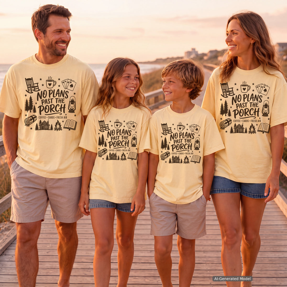 No Plans Past the Porch Youth Tee – Kids' Comfort Colors Cabin Weekend Shirt in Butter – worn on a family trip (AI-generated model photo)