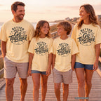 Better When We Go Together Travel Youth Tee – Kids' Comfort Colors Road Trip Shirt in Butter – worn on a family trip (AI-generated model photo)