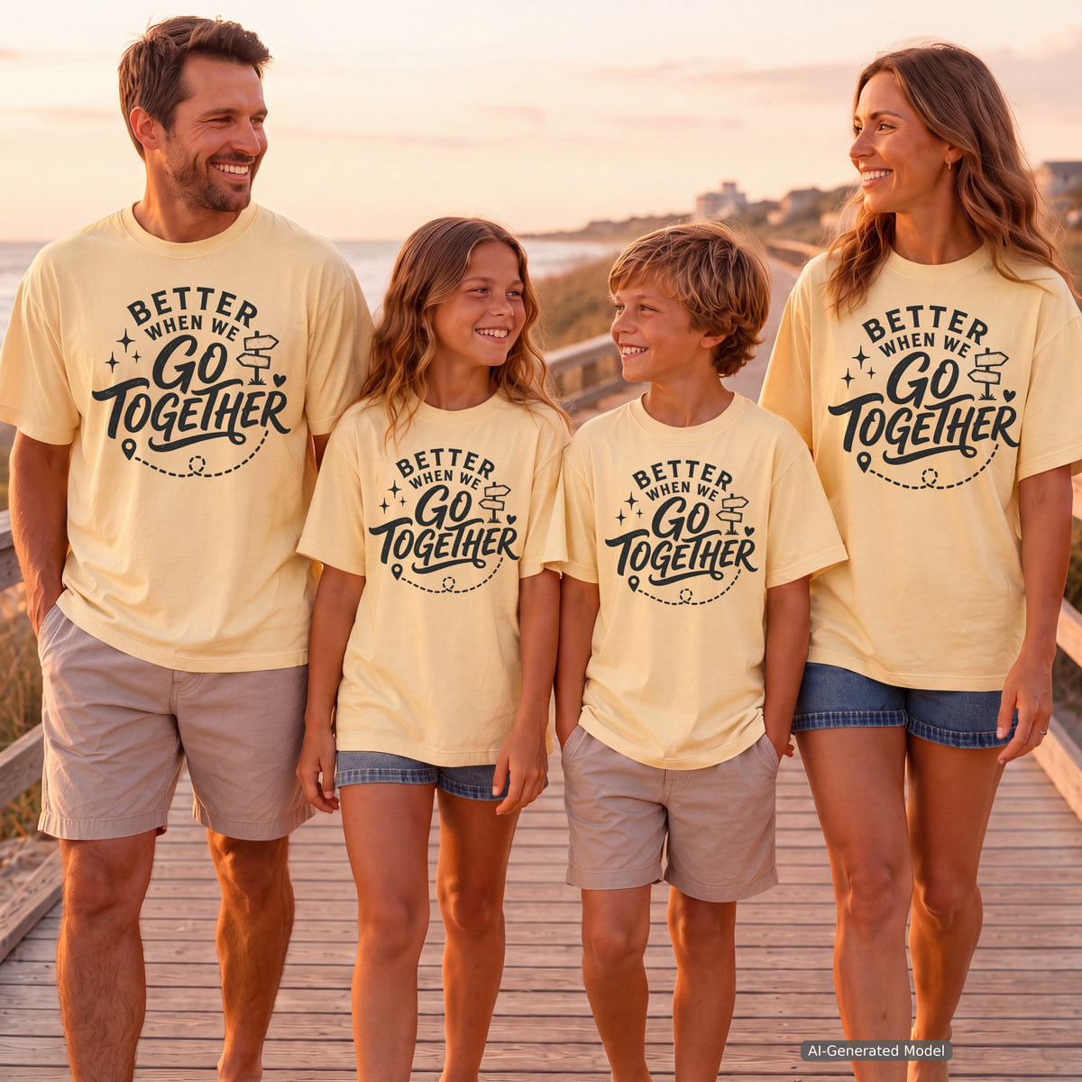 Better When We Go Together Travel Youth Tee – Kids' Comfort Colors Road Trip Shirt in Butter – worn on a family trip (AI-generated model photo)