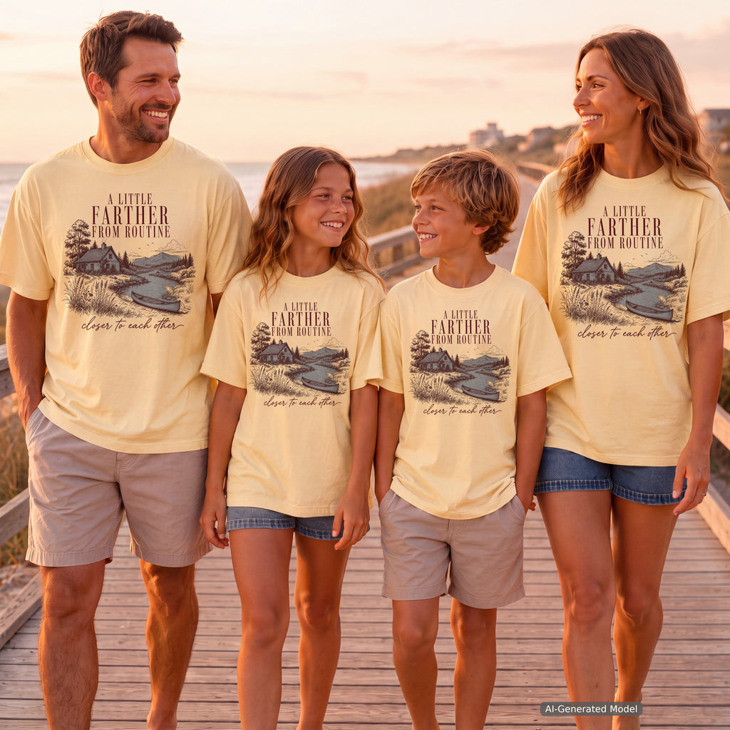 A Little Farther from Routine Family Getaway Shirt in Butter – worn on a family trip (AI-generated model photo)