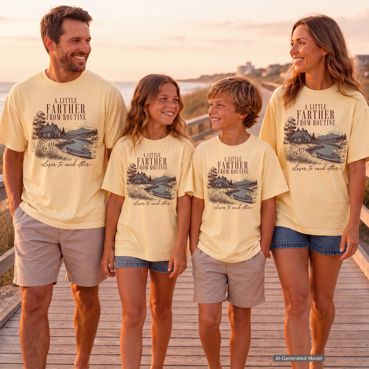 A Little Farther from Routine Family Getaway Shirt in Butter – worn on a family trip (AI-generated model photo)
