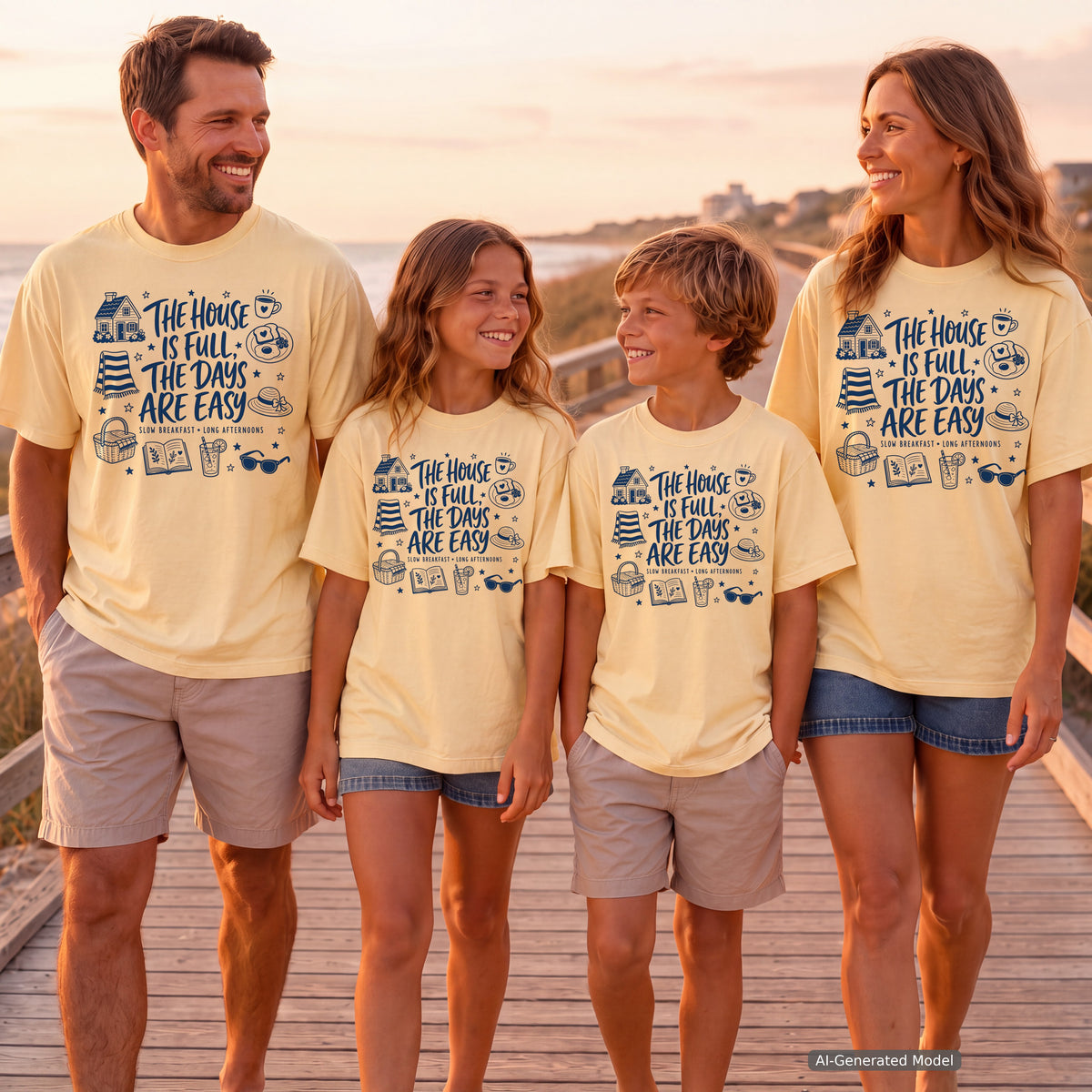 The House Is Full the Days Are Easy Family Getaway Shirt in Butter – worn on a family trip (AI-generated model photo)
