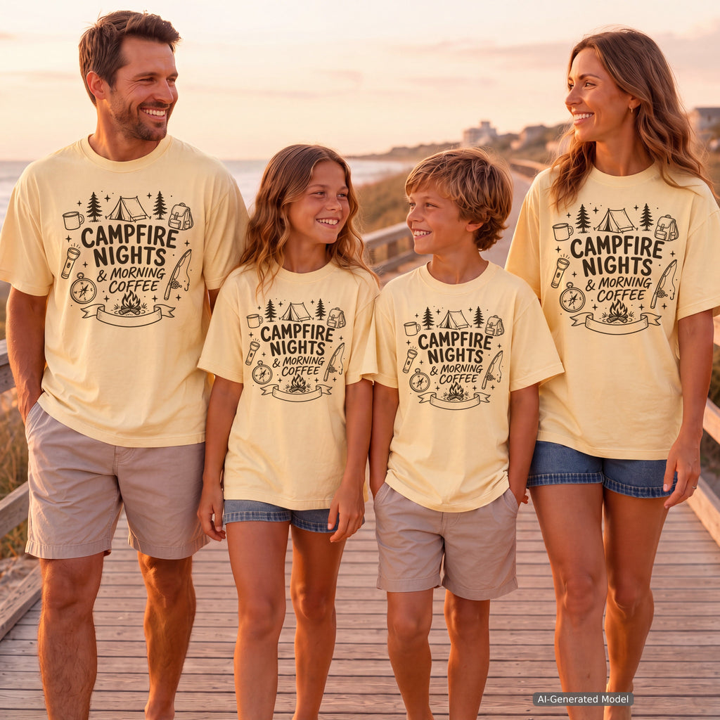 Campfire Nights and Morning Coffee Youth Tee – Kids' Comfort Colors Camping Shirt in Butter – worn on a family trip (AI-generated model photo)