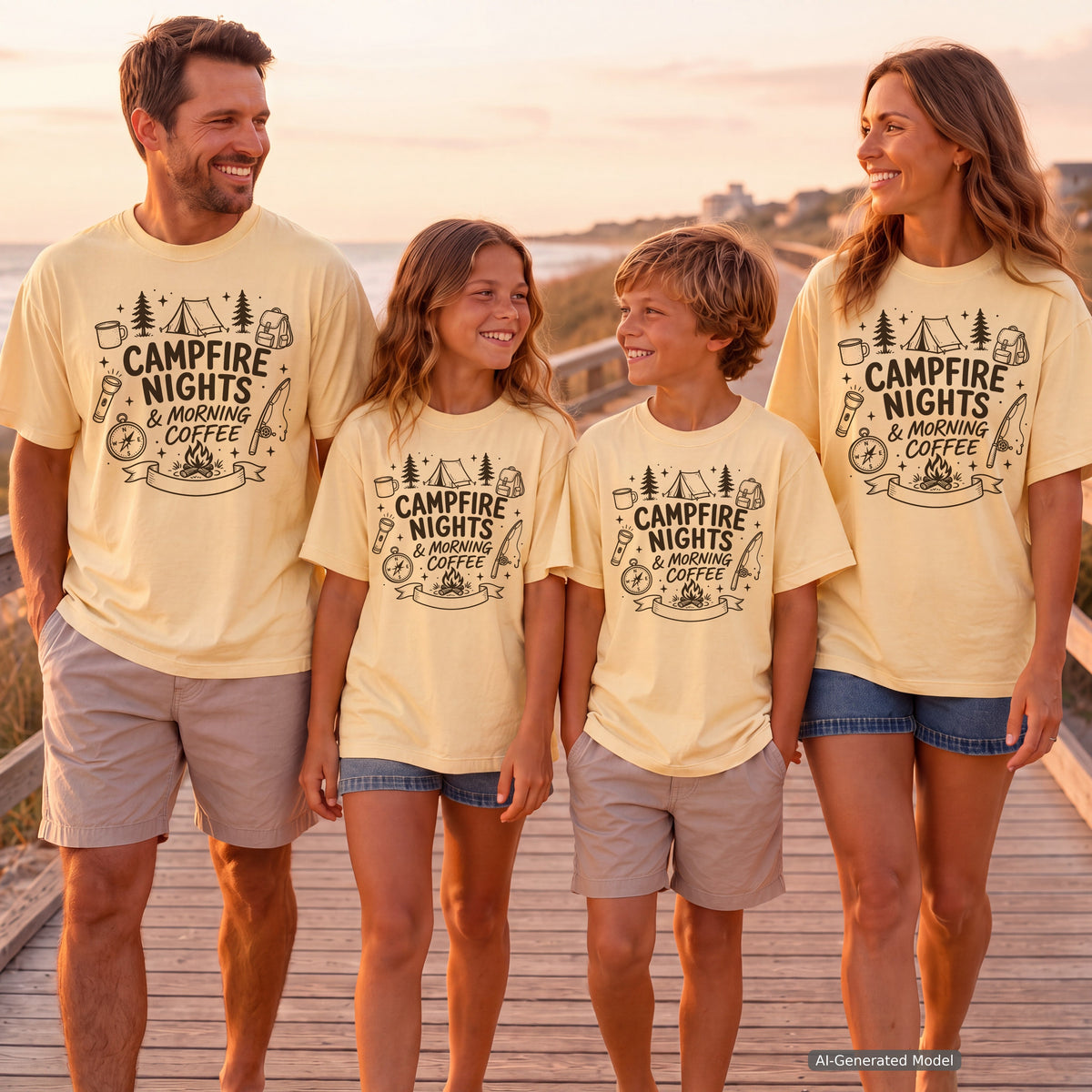Campfire Nights and Morning Coffee Youth Tee – Kids' Comfort Colors Camping Shirt in Butter – worn on a family trip (AI-generated model photo)