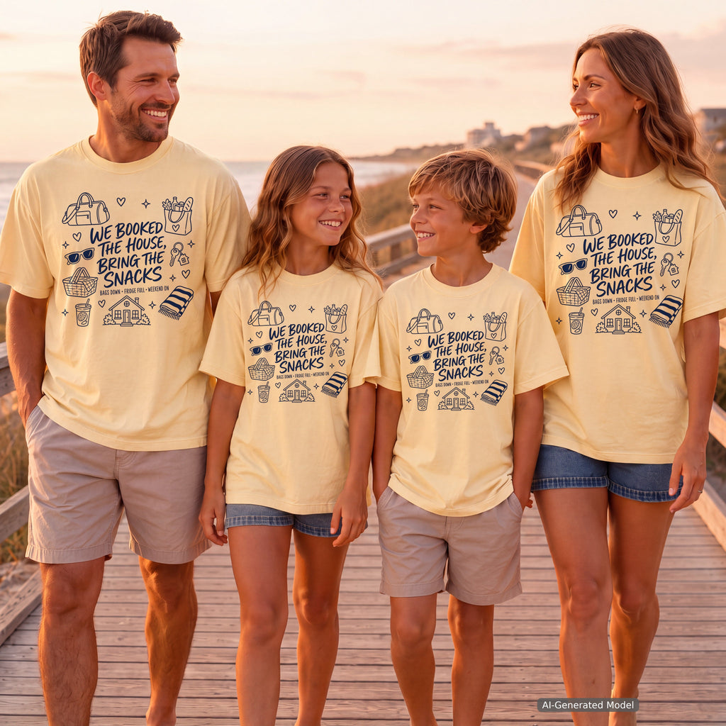 We Booked the House Bring the Snacks Youth Tee – Kids' Comfort Colors Family Getaway Shirt in Butter – worn on a family trip (AI-generated model photo)