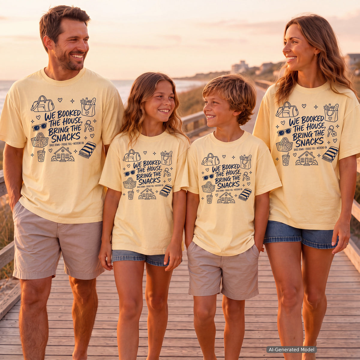 We Booked the House Bring the Snacks Youth Tee – Kids' Comfort Colors Family Getaway Shirt in Butter – worn on a family trip (AI-generated model photo)