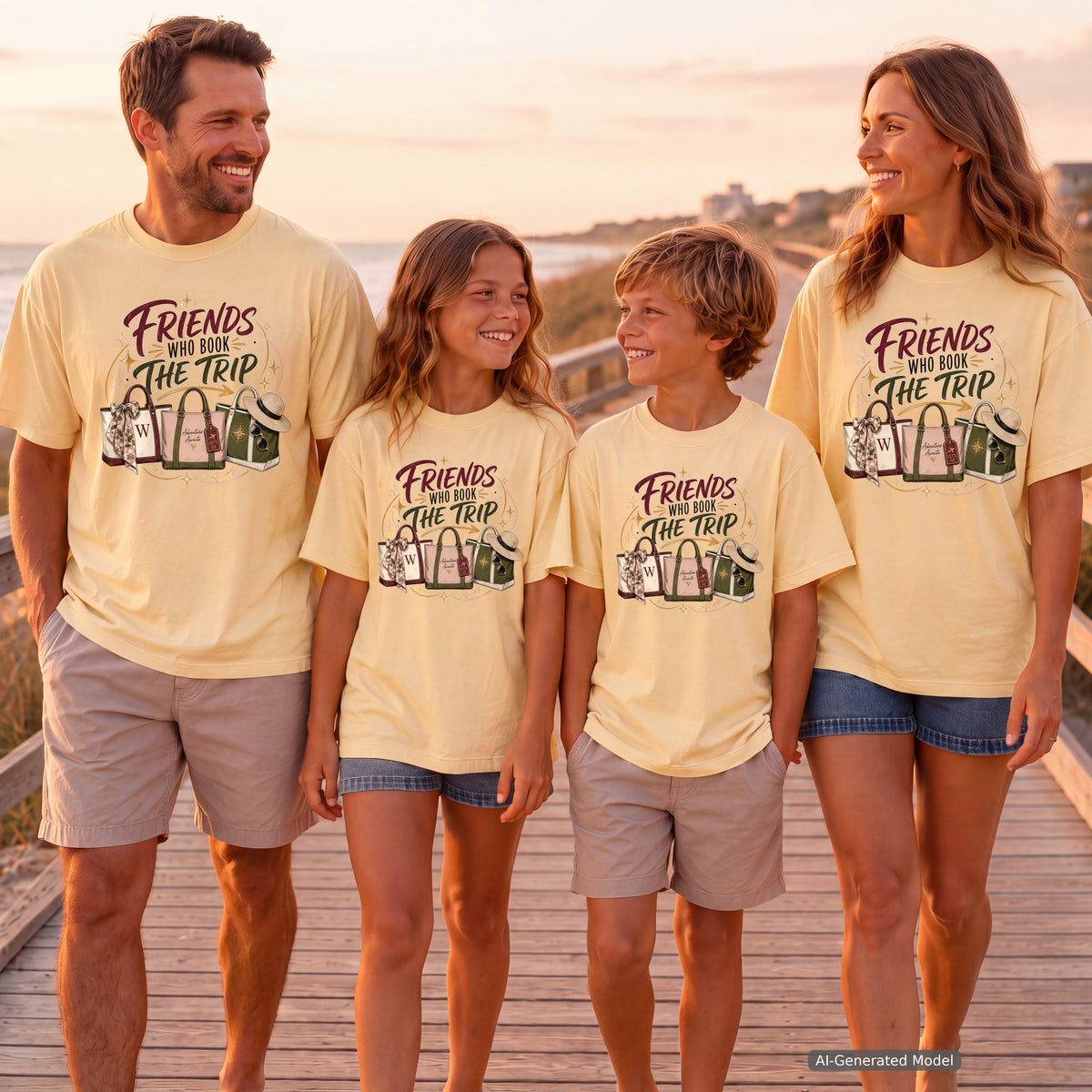 Friends Who Book the Trip Youth Tee – Kids' Comfort Colors Travel Shirt in Butter – worn on a family trip (AI-generated model photo)