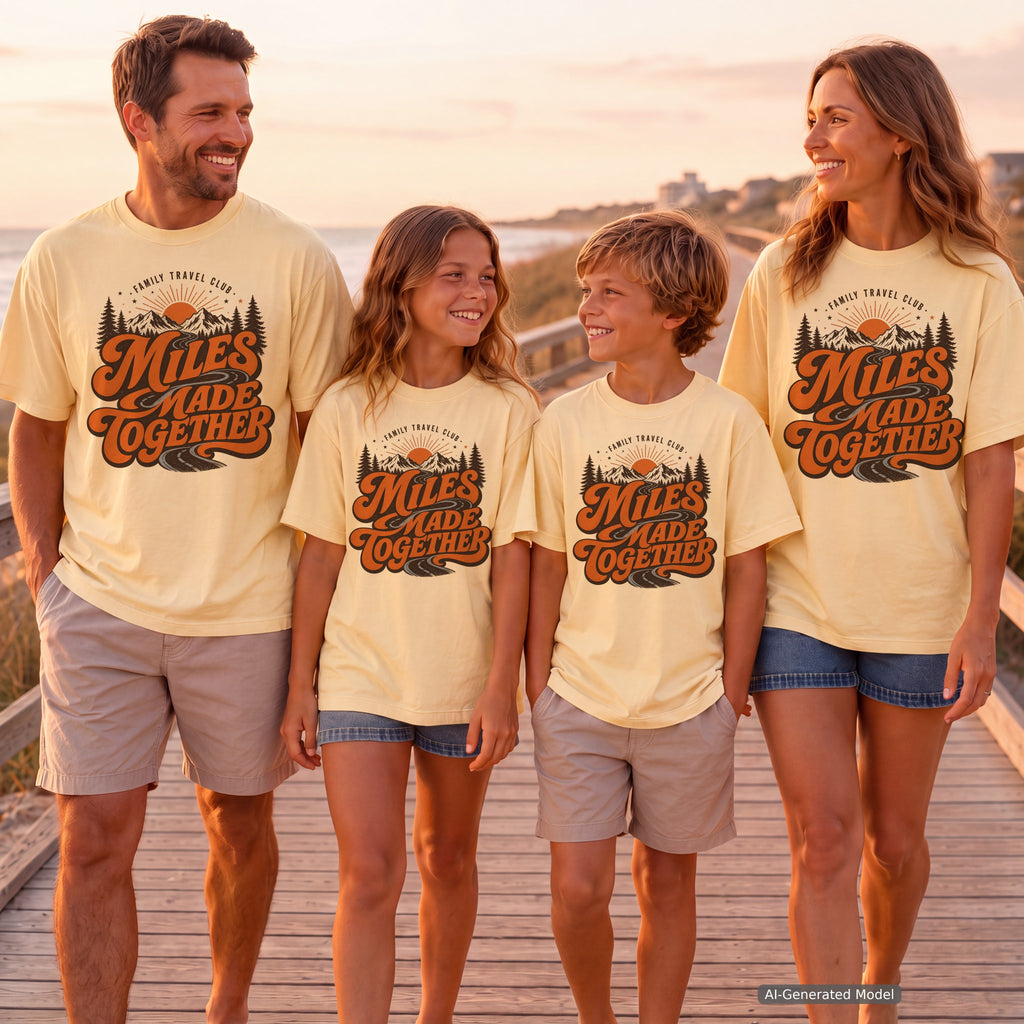 Miles Made Together Youth Tee – Kids' Comfort Colors Road Trip Shirt in Butter – worn on a family trip (AI-generated model photo)