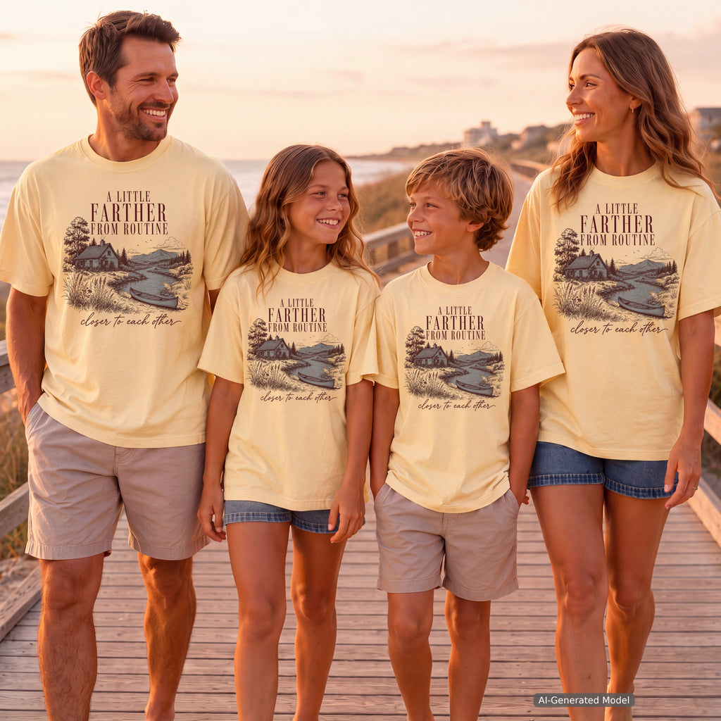 A Little Farther from Routine Youth Tee – Kids' Comfort Colors Family Getaway Shirt in Butter – worn on a family trip (AI-generated model photo)