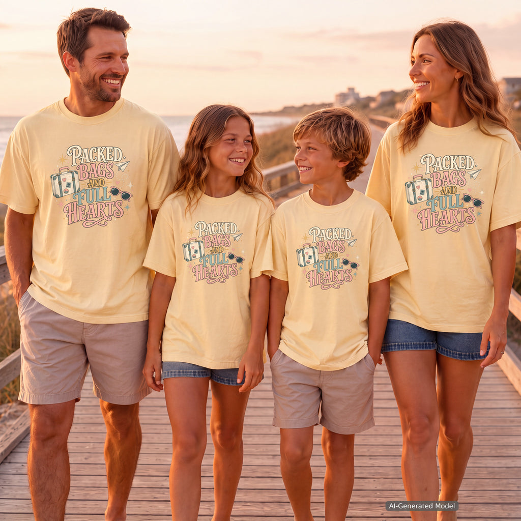 Packed Bags and Full Hearts Youth Tee – Kids' Comfort Colors Vacation Shirt in Butter – worn on a family trip (AI-generated model photo)