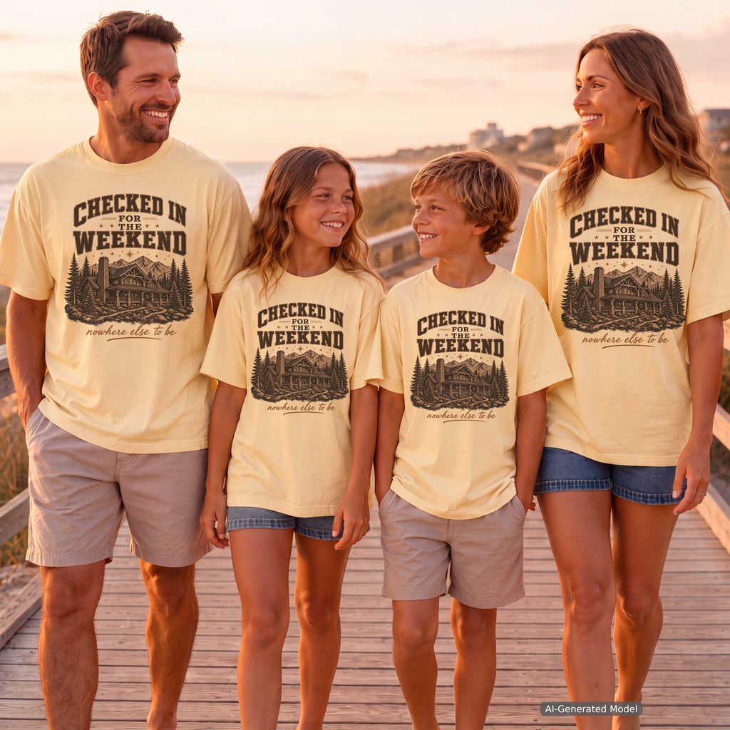 Checked In for the Weekend Cabin Weekend Shirt in Butter – worn on a family trip (AI-generated model photo)
