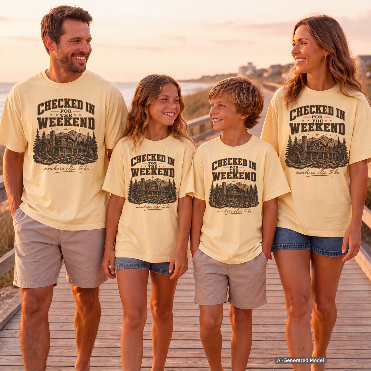 Checked In for the Weekend Cabin Weekend Shirt in Butter – worn on a family trip (AI-generated model photo)