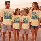 A Little Farther from Home Family Adventure Youth Tee – Kids' Comfort Colors Road Trip Shirt in Butter – worn on a family trip (AI-generated model photo)