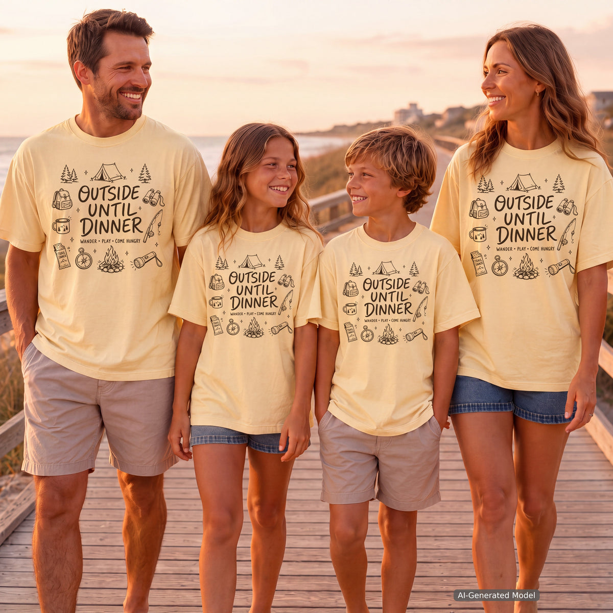 Outside Until Dinner Youth Tee – Kids' Comfort Colors Camping Shirt in Butter – worn on a family trip (AI-generated model photo)