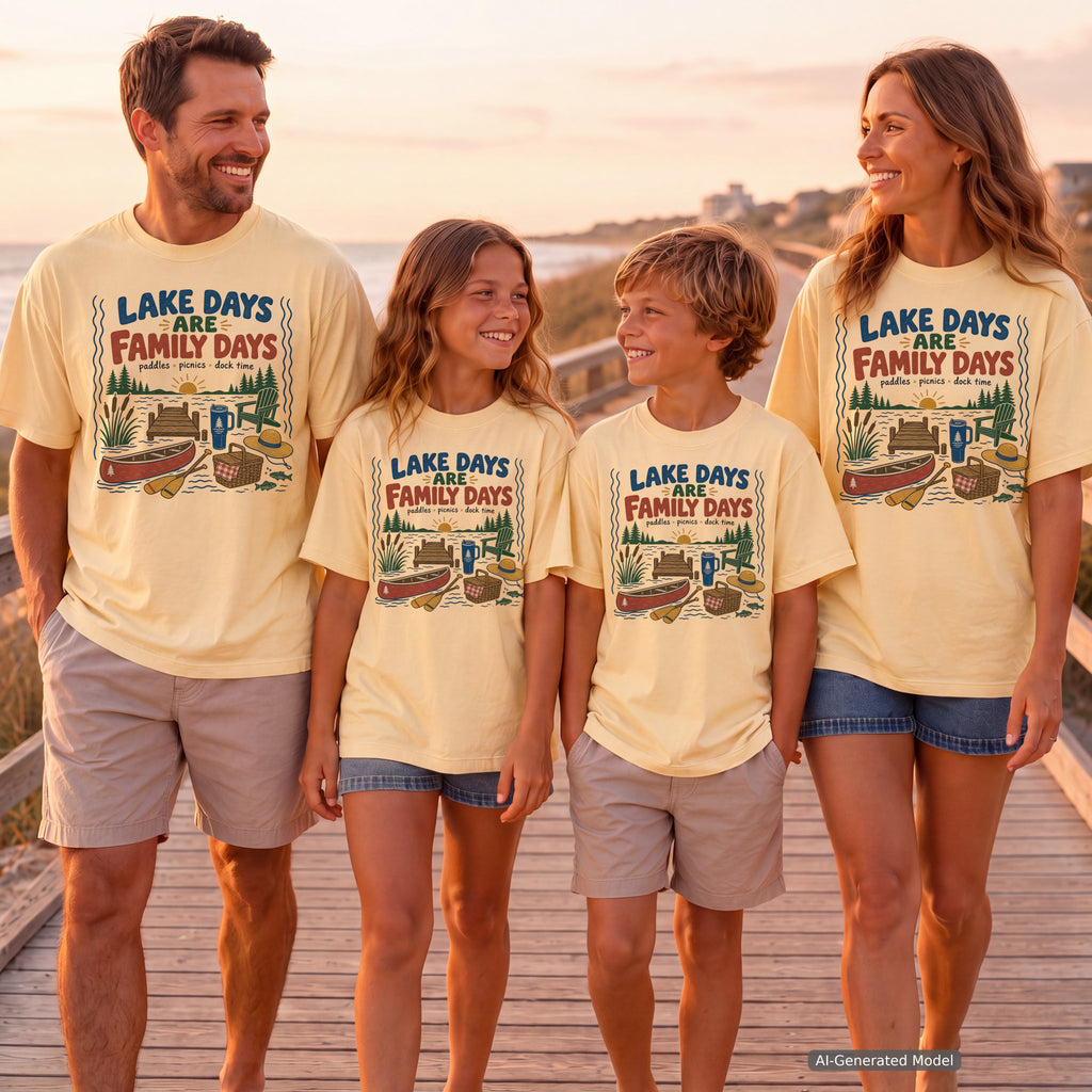 Lake Days Are Family Days Youth Tee – Kids' Comfort Colors Lake Vacation Shirt in Butter – worn on a family trip (AI-generated model photo)
