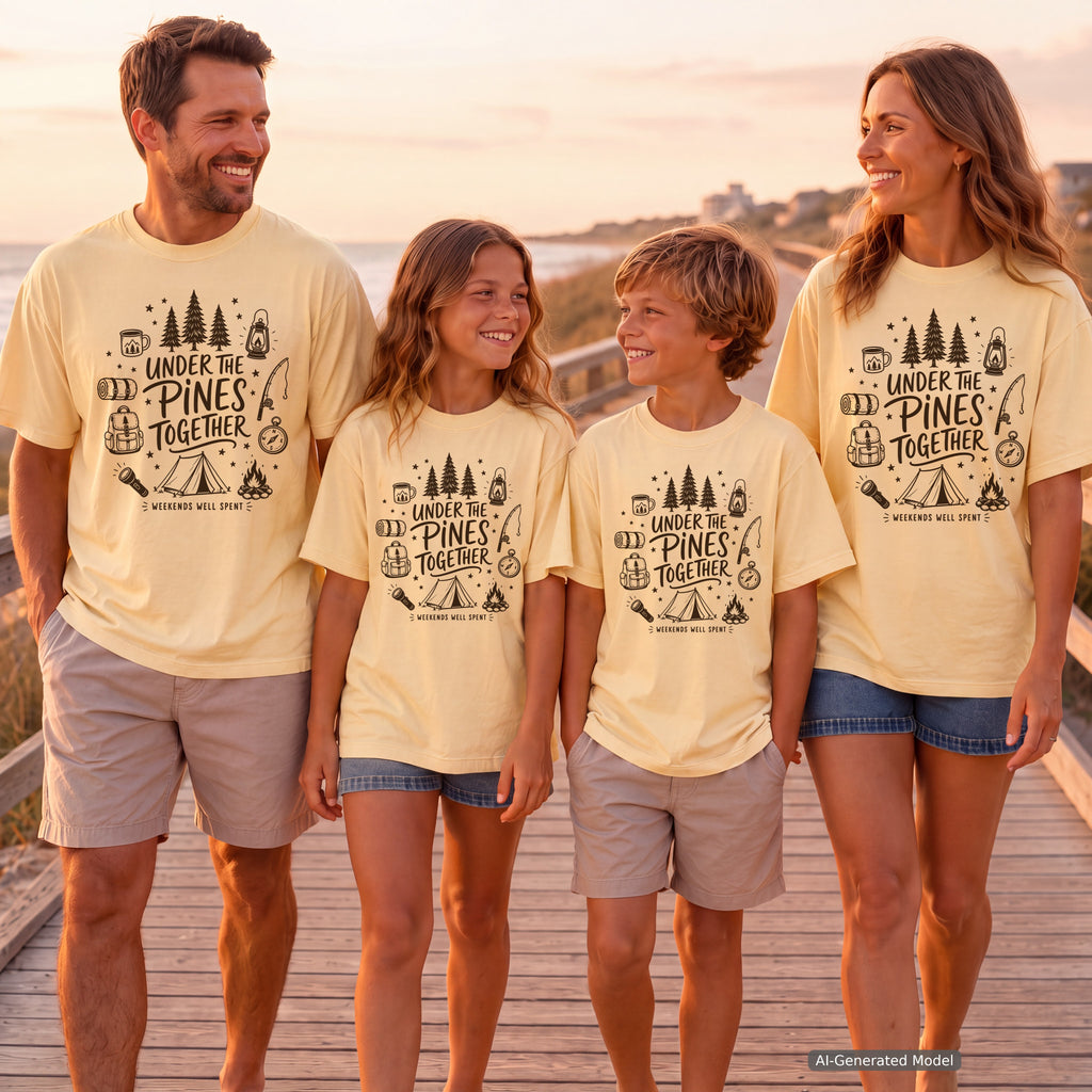 Under the Pines Together Camping Shirt in Butter – worn on a family trip (AI-generated model photo)
