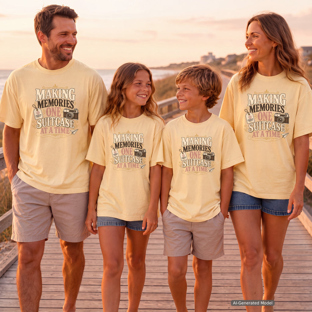 Making Memories One Suitcase at a Time Youth Tee – Kids' Comfort Colors Family Travel Shirt in Butter – worn on a family trip (AI-generated model photo)