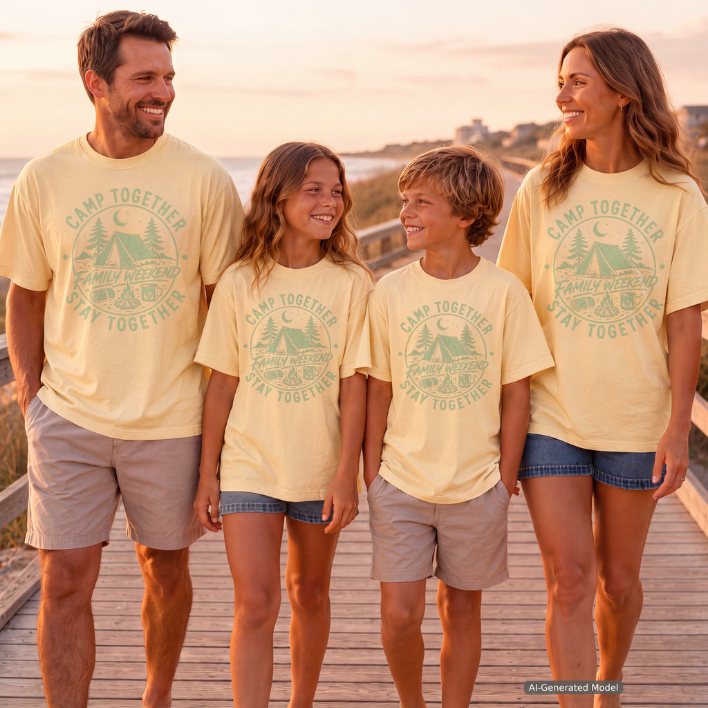 Camp Together Stay Together Family Weekend Shirt in Butter – worn on a family trip (AI-generated model photo)