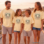 Mountains and My People Youth Tee – Kids' Comfort Colors Mountain Travel Shirt in Butter – worn on a family trip (AI-generated model photo)