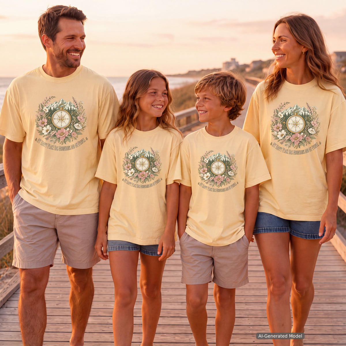 Mountains and My People Youth Tee – Kids' Comfort Colors Mountain Travel Shirt in Butter – worn on a family trip (AI-generated model photo)