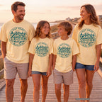 Out Here Making Family Memories Youth Tee – Kids' Comfort Colors Mountain Adventure Shirt in Butter – worn on a family trip (AI-generated model photo)