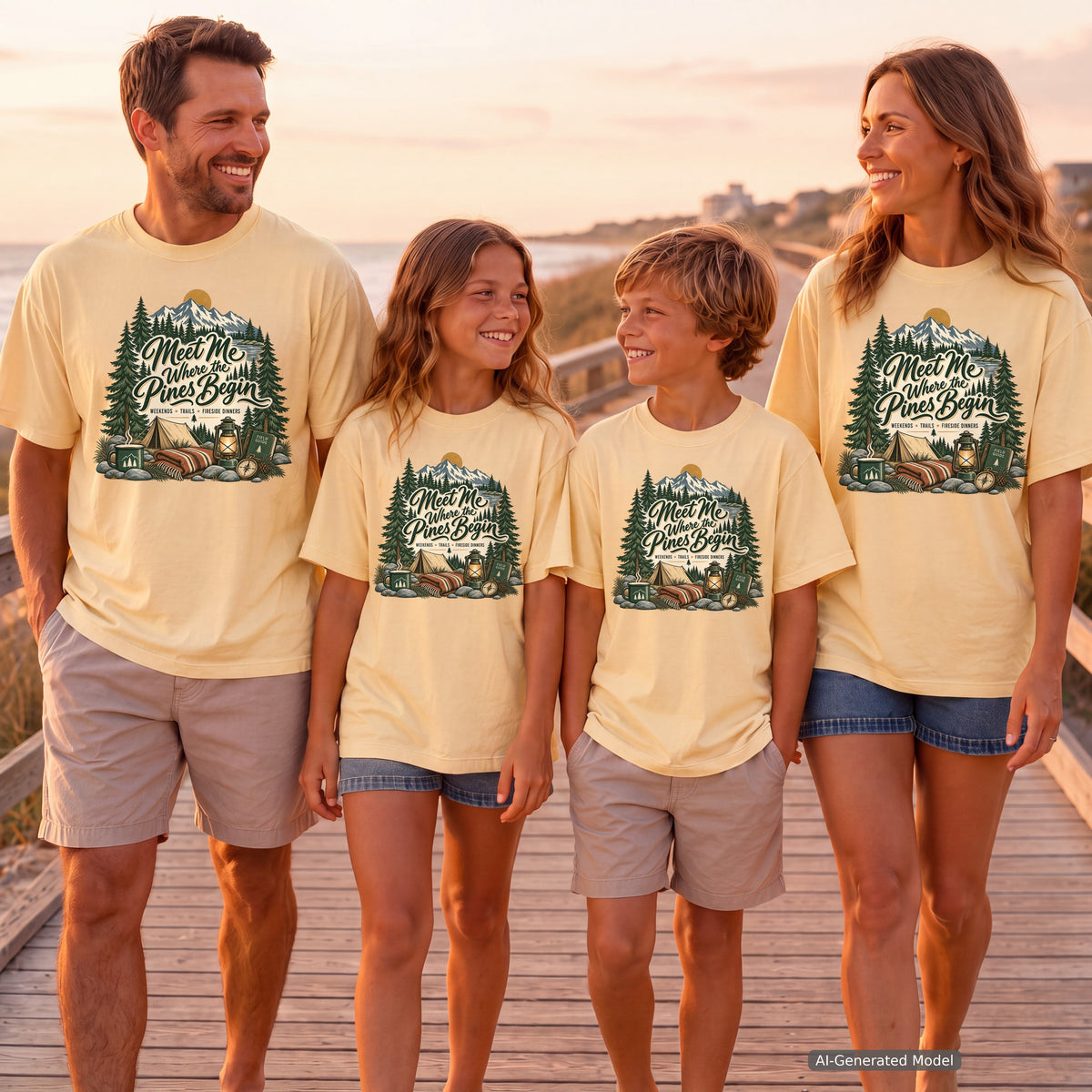 Meet Me Where the Pines Begin Youth Tee – Kids' Comfort Colors Mountain Camping Shirt in Butter – worn on a family trip (AI-generated model photo)
