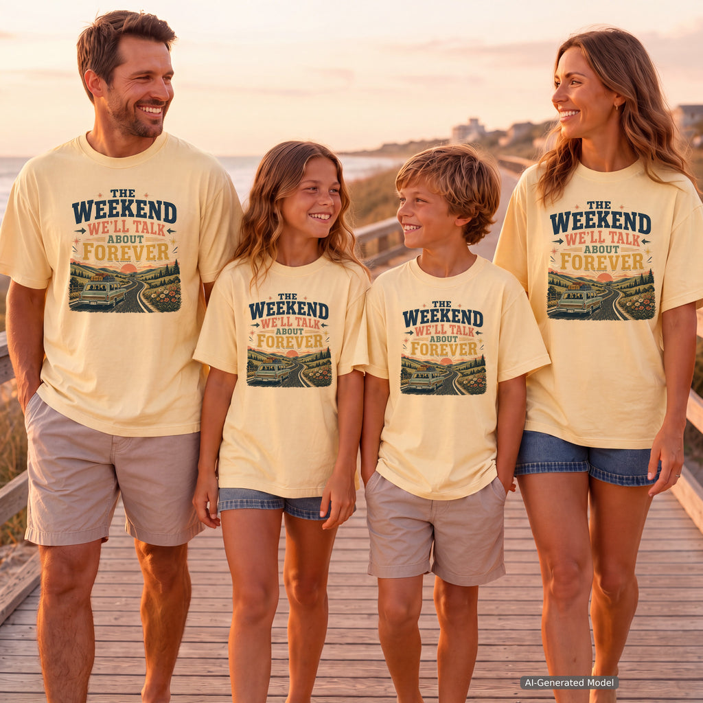 The Weekend We'll Talk About Forever Youth Tee – Kids' Comfort Colors Road Trip Shirt in Butter – worn on a family trip (AI-generated model photo)