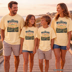 The Weekend We'll Talk About Forever Youth Tee – Kids' Comfort Colors Road Trip Shirt in Butter – worn on a family trip (AI-generated model photo)