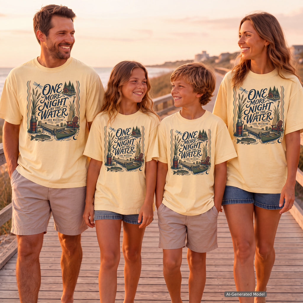 One More Night by the Water Lake Vacation Shirt in Butter – worn on a family trip (AI-generated model photo)