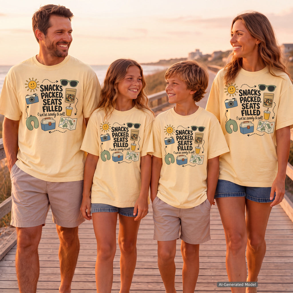 Snacks Packed Seats Filled Youth Tee – Kids' Comfort Colors Road Trip Shirt in Butter – worn on a family trip (AI-generated model photo)