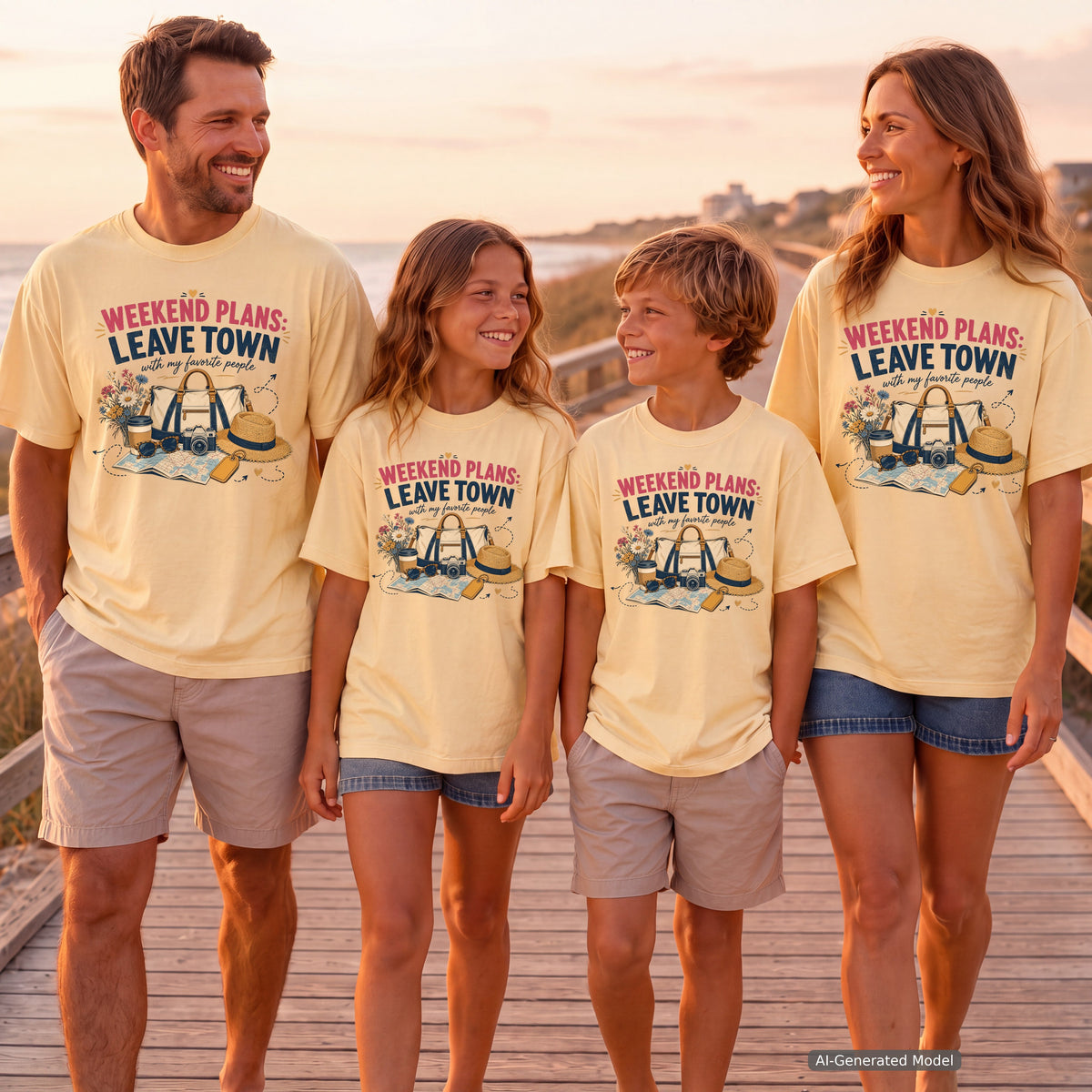Weekend Plans Leave Town Youth Tee – Kids' Comfort Colors Family Travel Shirt in Butter – worn on a family trip (AI-generated model photo)