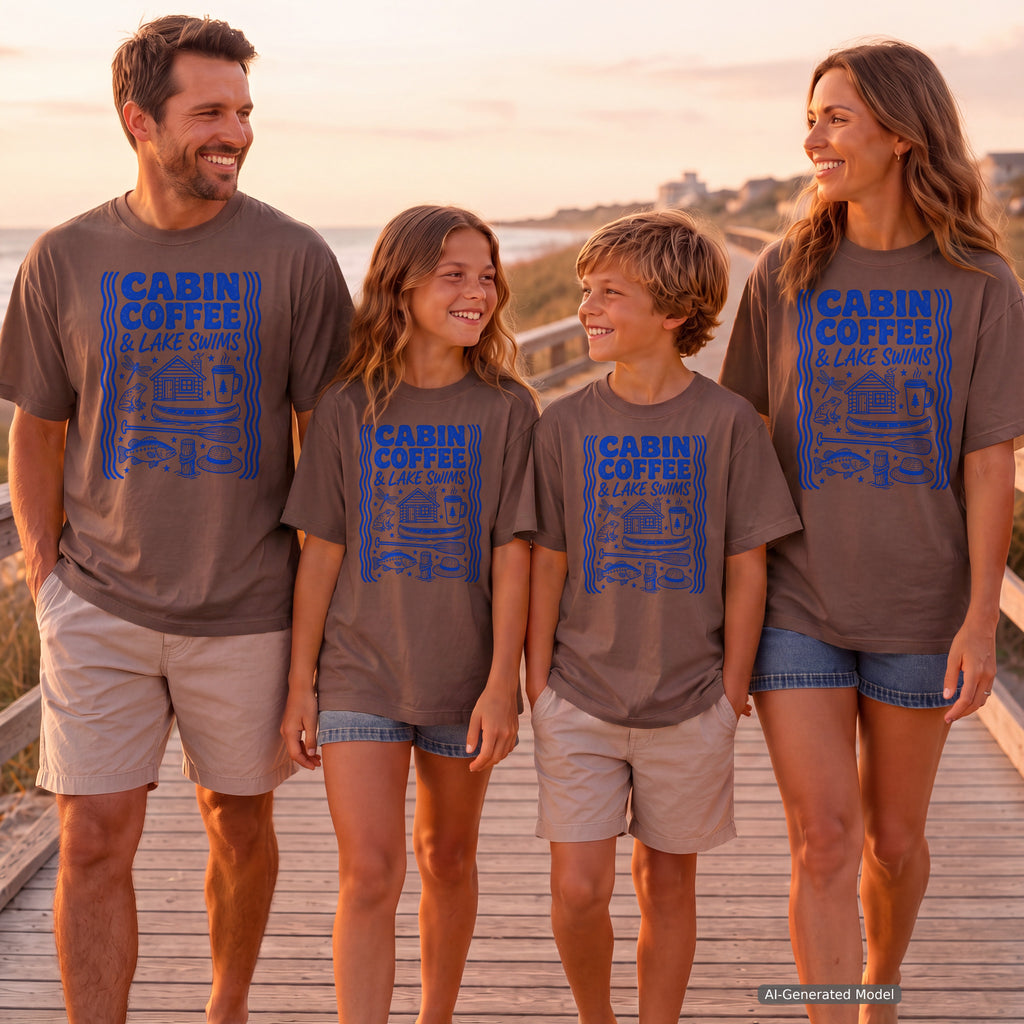 Cabin Coffee and Lake Swims Lake Vacation Shirt in Espresso – worn on a family trip (AI-generated model photo)