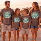 The Road Home Can Wait Road Trip Shirt in Espresso – worn on a family trip (AI-generated model photo)