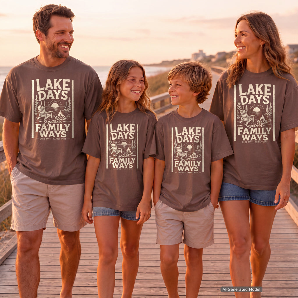 Lake Days Family Ways Vacation Shirt in Espresso – worn on a family trip (AI-generated model photo)