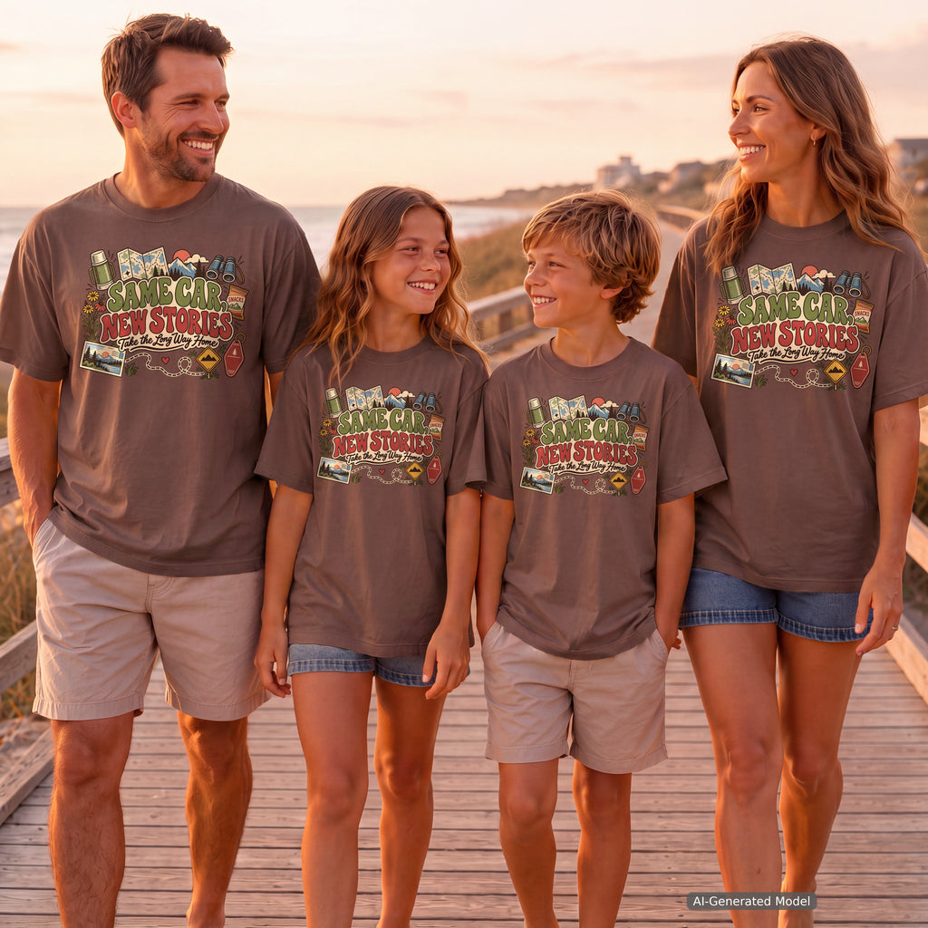 Same Car New Stories Road Trip Shirt in Espresso – worn on a family trip (AI-generated model photo)