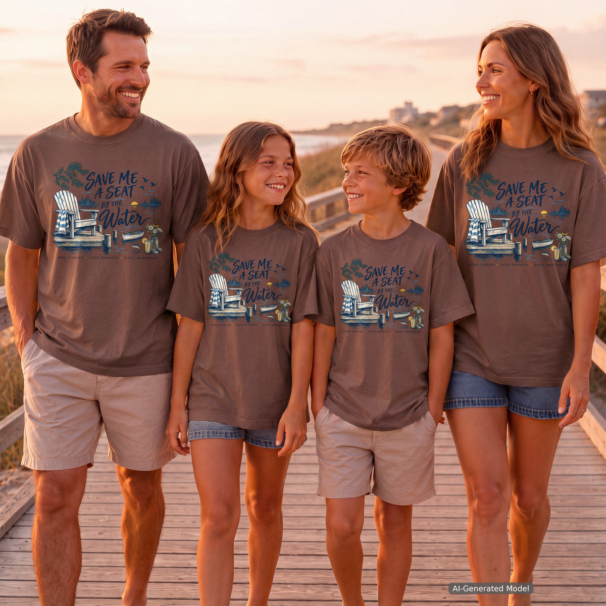 Save Me a Seat by the Water Lake Vacation Shirt in Espresso – worn on a family trip (AI-generated model photo)