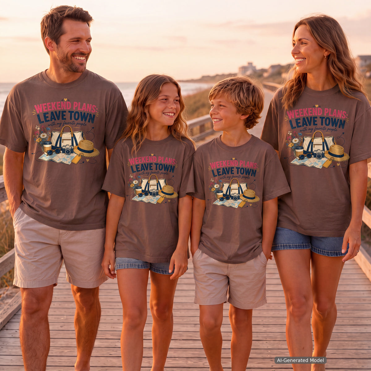 Weekend Plans Leave Town Girls Trip Shirt in Espresso – worn on a family trip (AI-generated model photo)