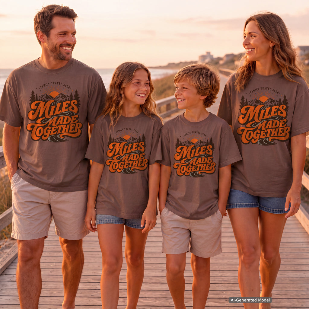 Miles Made Together Road Trip Shirt in Espresso – worn on a family trip (AI-generated model photo)