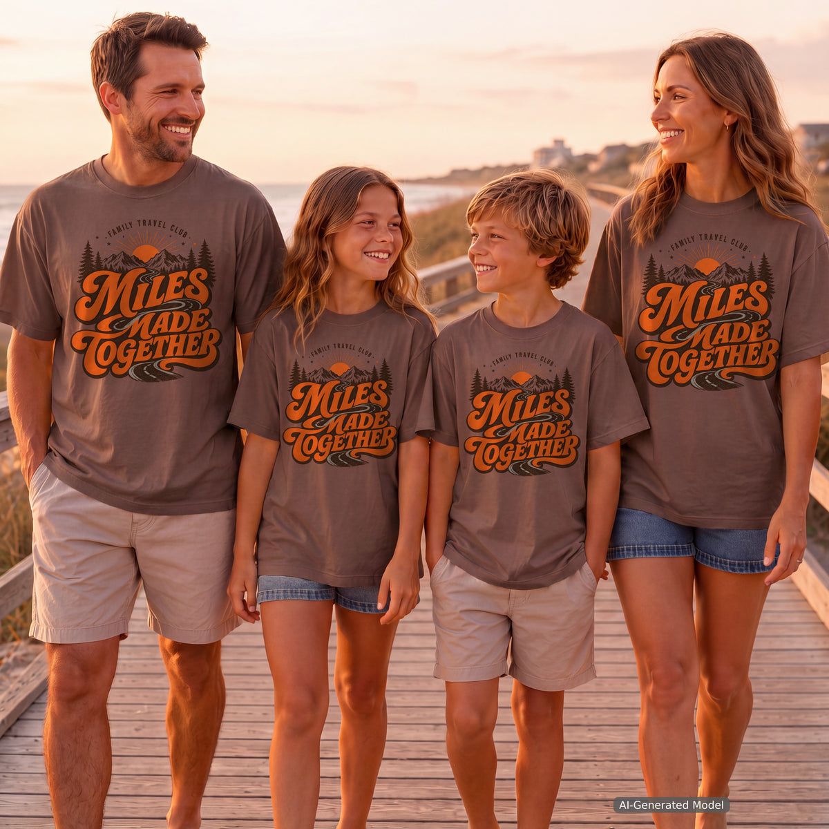Miles Made Together Road Trip Shirt in Espresso – worn on a family trip (AI-generated model photo)