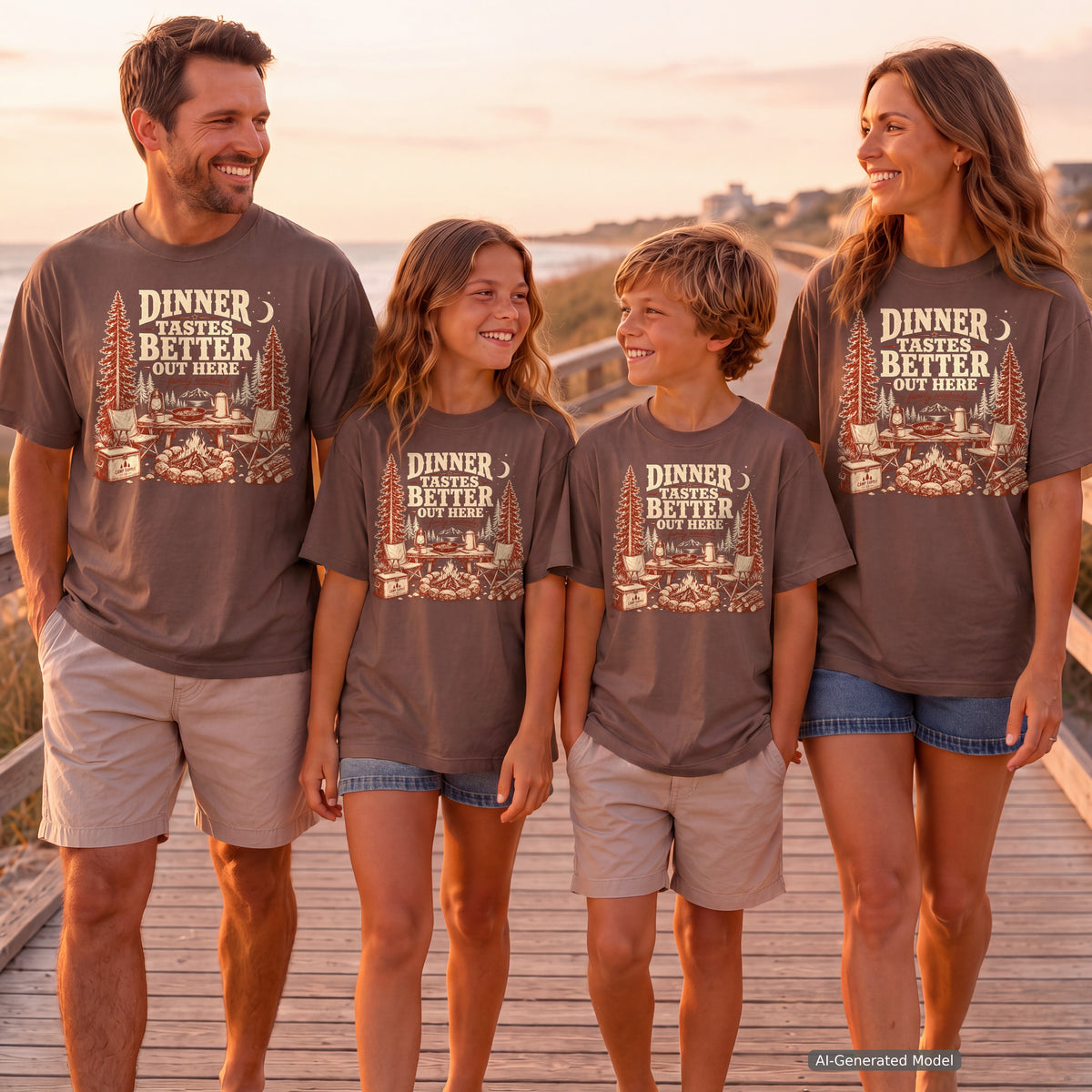Dinner Tastes Better Out Here Camping Shirt in Espresso – worn on a family trip (AI-generated model photo)