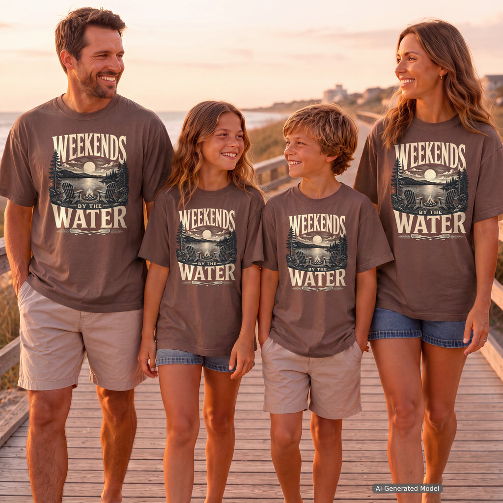 Weekends by the Water Lake Vacation Shirt in Espresso – worn on a family trip (AI-generated model photo)