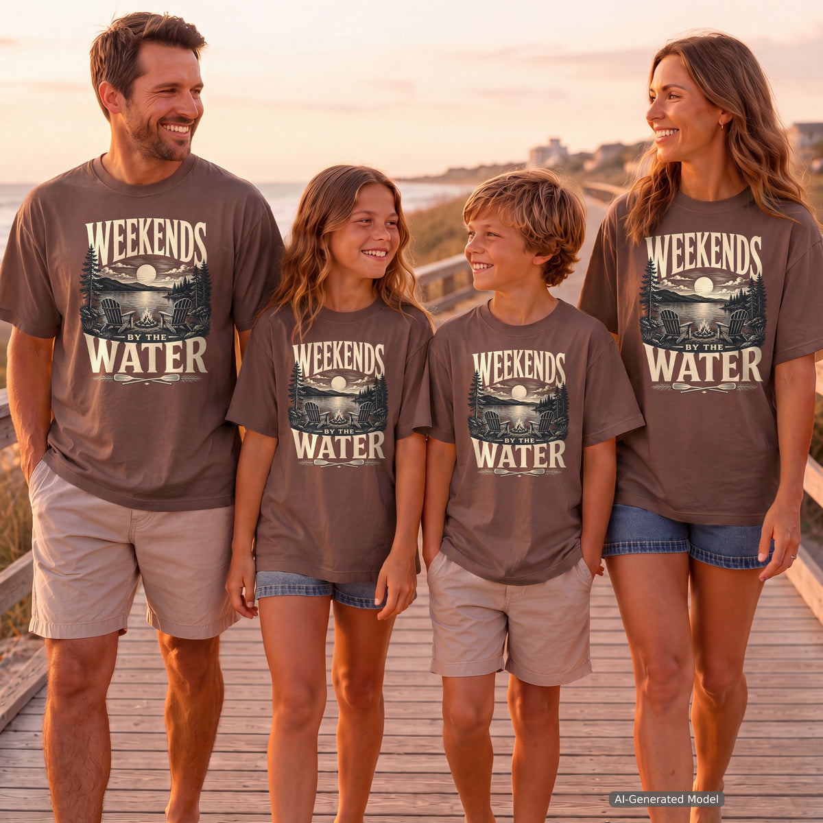 Weekends by the Water Lake Vacation Shirt in Espresso – worn on a family trip (AI-generated model photo)