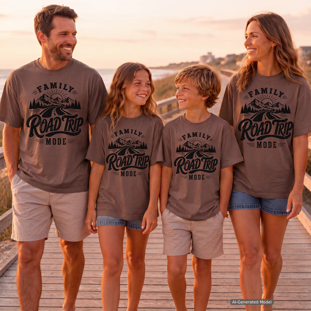 Family Road Trip Mode Shirt in Espresso – worn on a family trip (AI-generated model photo)
