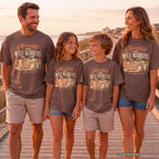 Memories Have Mile Markers Road Trip Shirt in Espresso – worn on a family trip (AI-generated model photo)